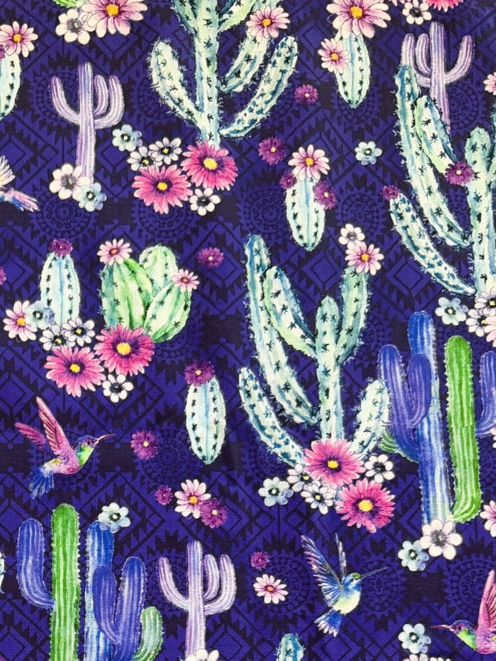 Hummingbirds & Cacti Cotton Fabric – Vibrant Southwestern Design